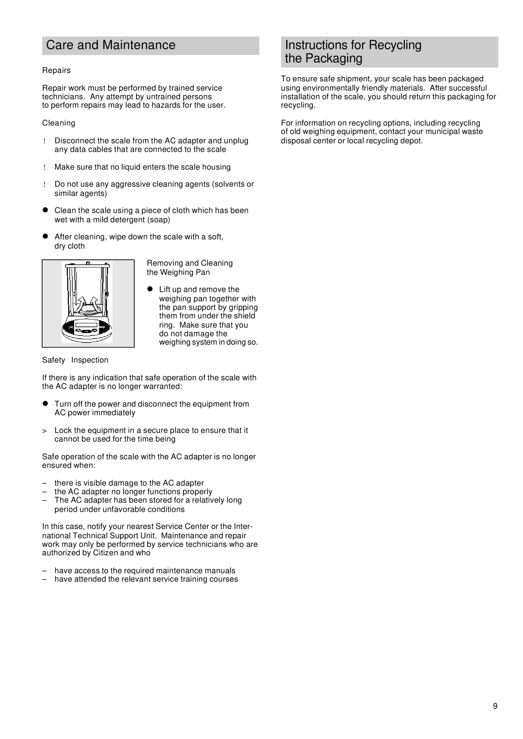 Citizen CT103, CT503 operating instructions Care and Maintenance, Instructions for Recycling the Packaging 