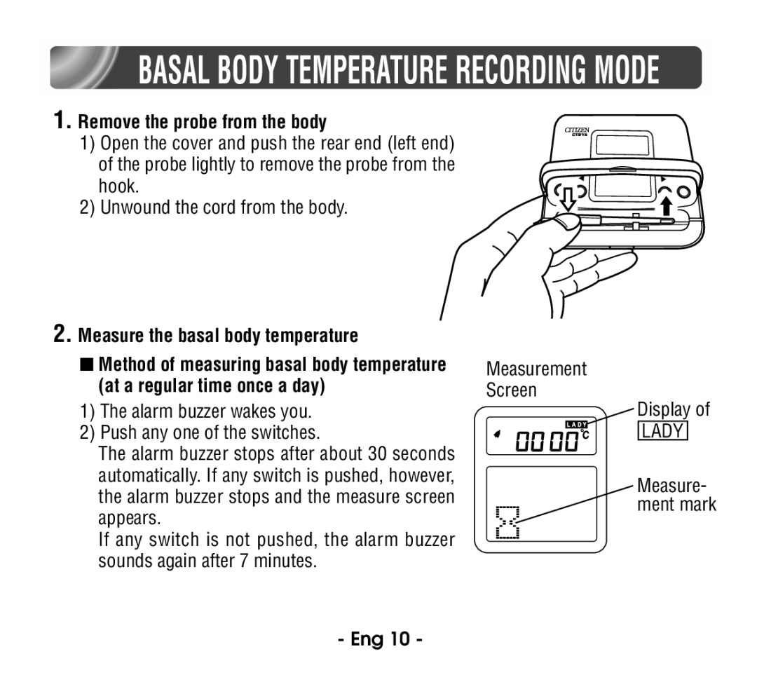 Citizen CT915 instruction manual Remove the probe from the body, Measure the basal body temperature, Display 