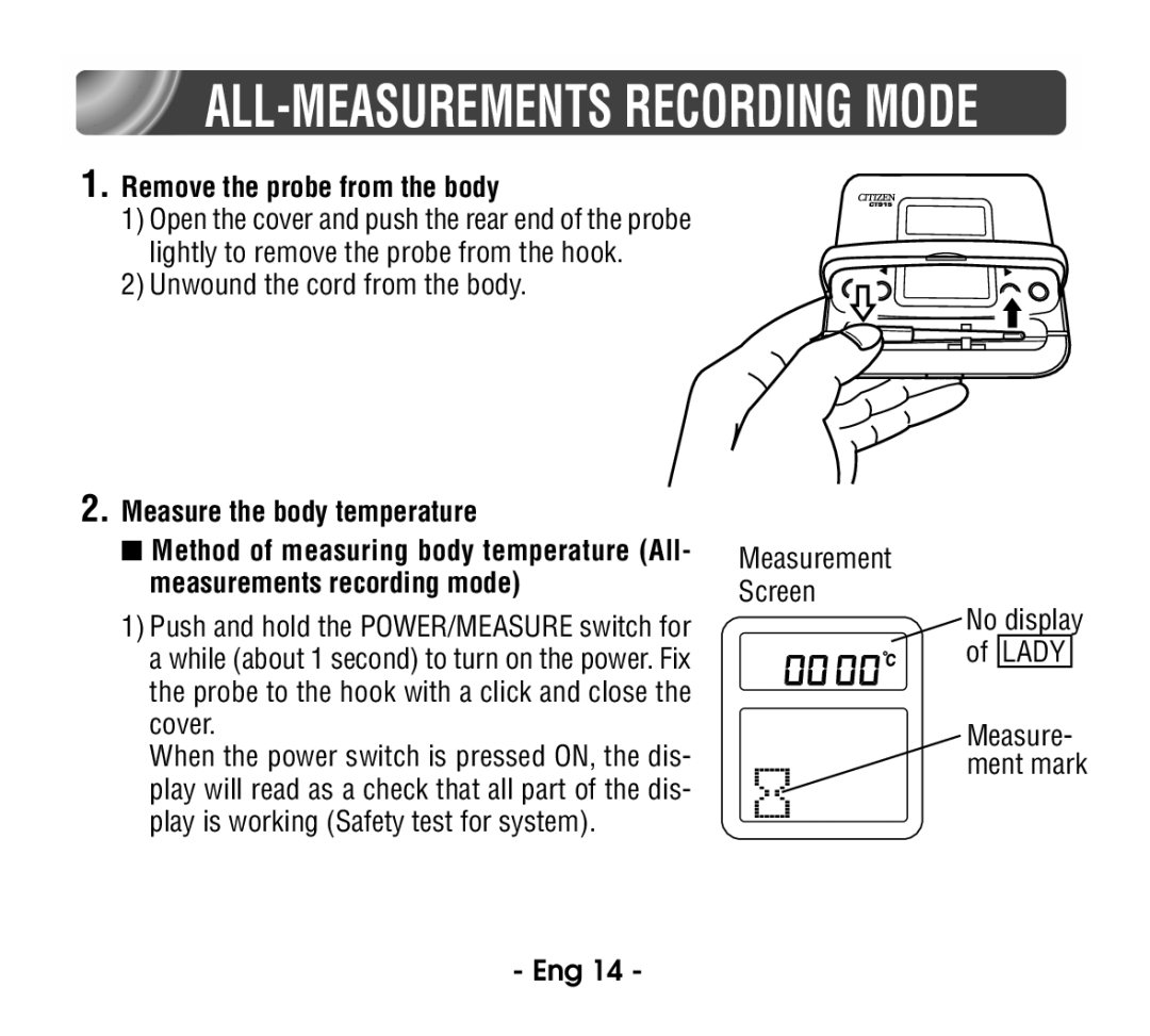 Citizen CT915 instruction manual ALL-MEASUREMENTS Recording Mode, No display Lady 