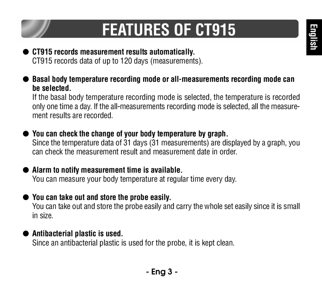 Citizen Features of CT915, You can check the change of your body temperature by graph, Antibacterial plastic is used 