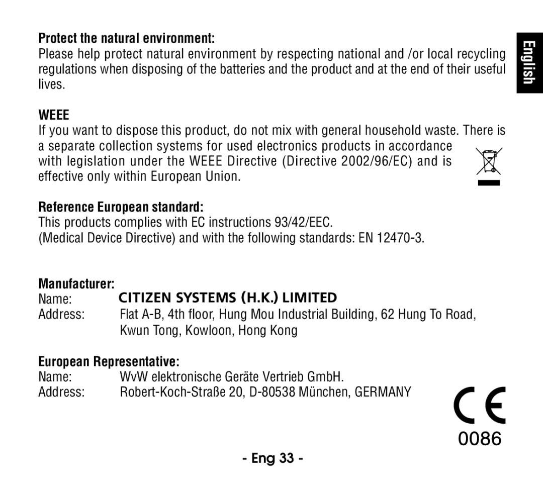 Citizen CT915 Protect the natural environment, Reference European standard, Name Address, Kwun Tong, Kowloon, Hong Kong 