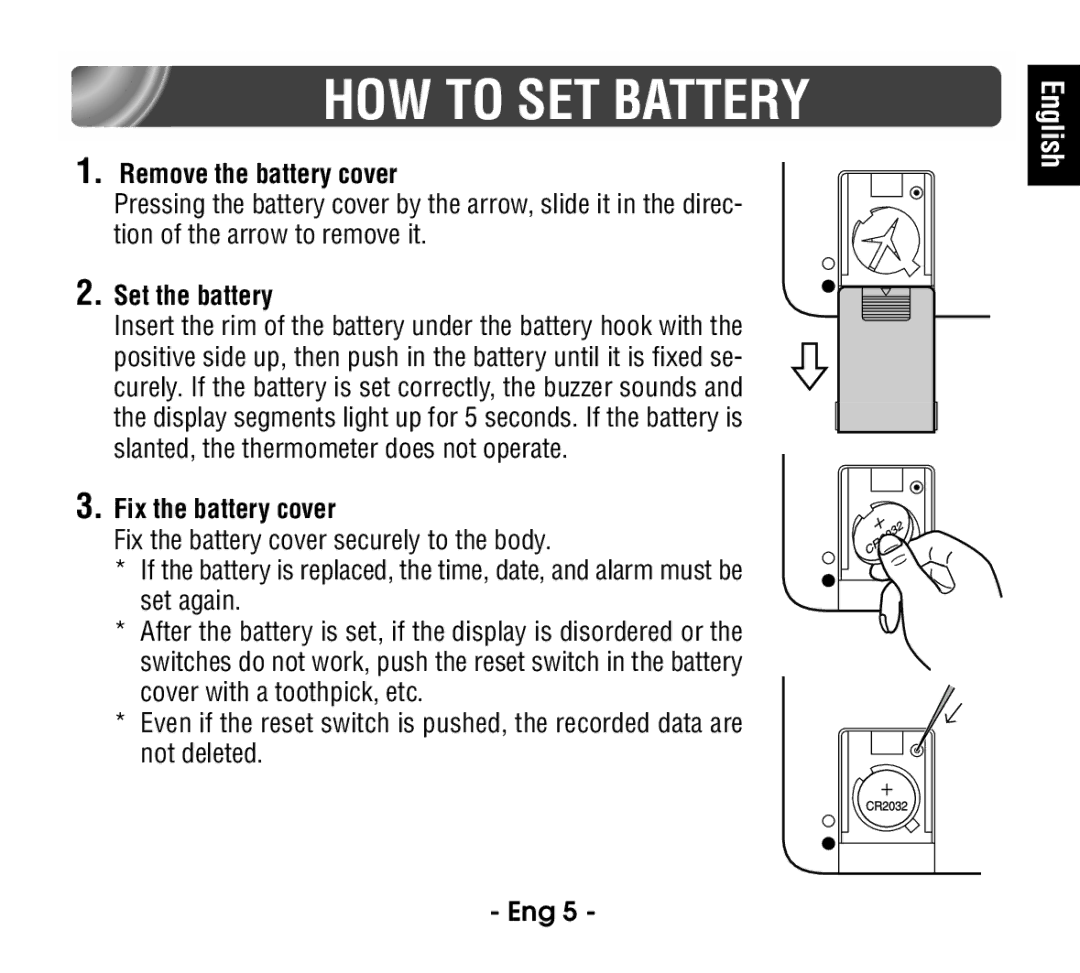 Citizen CT915 instruction manual HOW to SET Battery, Remove the battery cover, Set the battery, Fix the battery cover 