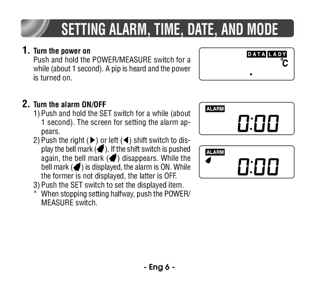 Citizen CT915 instruction manual Turn the power on, Turn the alarm ON/OFF, Measure switch Eng 