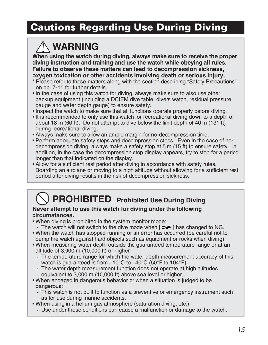 Citizen D710/D716 instruction manual Prohibited Prohibited Use During Diving 