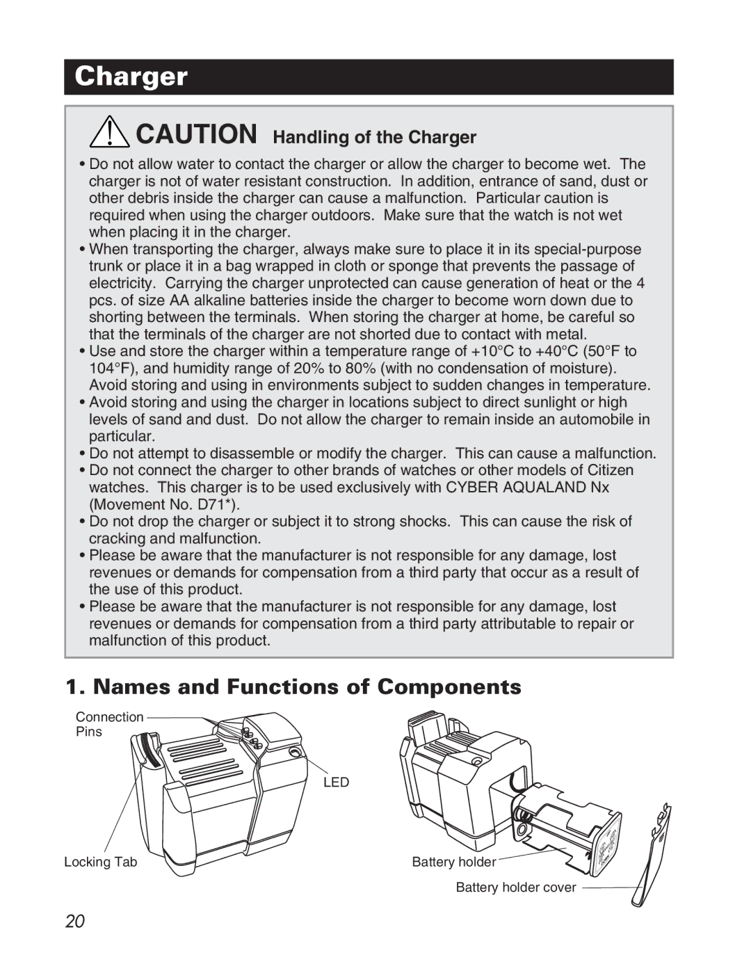 Citizen D710/D716 instruction manual Charger, Names and Functions of Components 