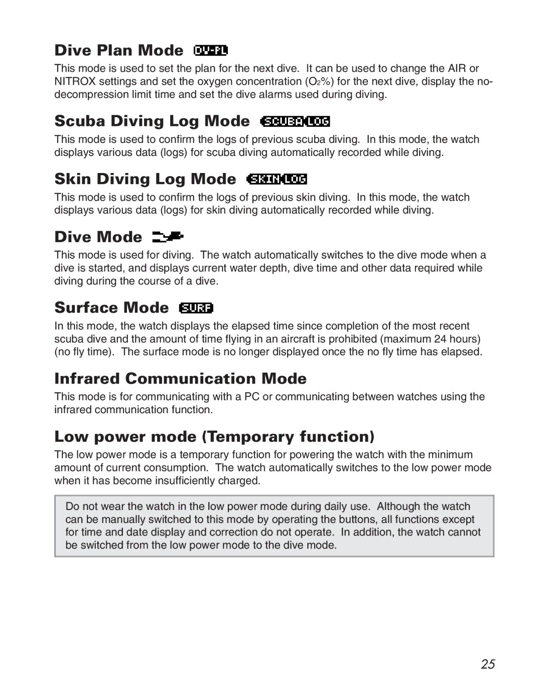 Citizen D710/D716 instruction manual Dive Plan Mode, Scuba Diving Log Mode, Skin Diving Log Mode, Dive Mode, Surface Mode 