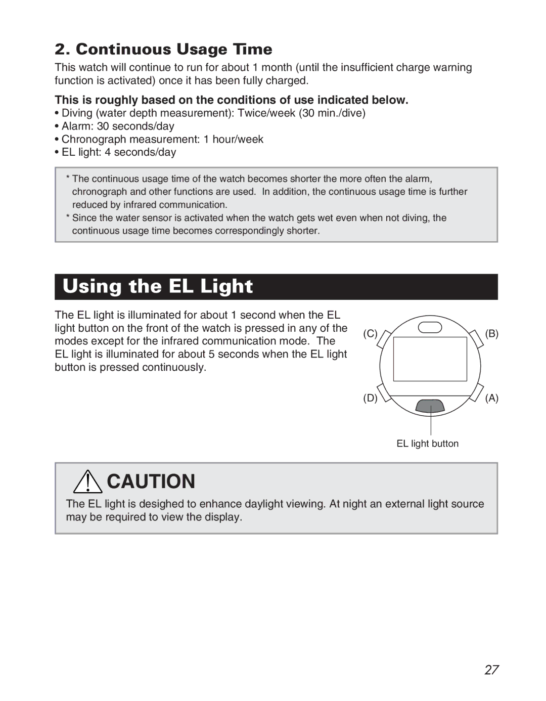 Citizen D710/D716 instruction manual UsingUsingthetheELELLightLight, Continuous Usage Time 