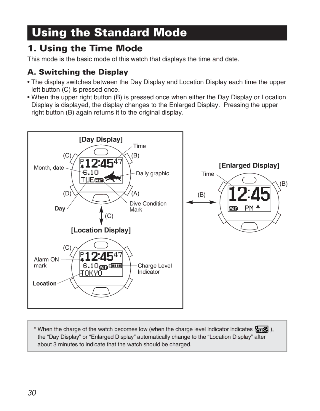 Citizen D710/D716 instruction manual Using the Standard Mode, Using the Time Mode, Switching the Display, Day Display 