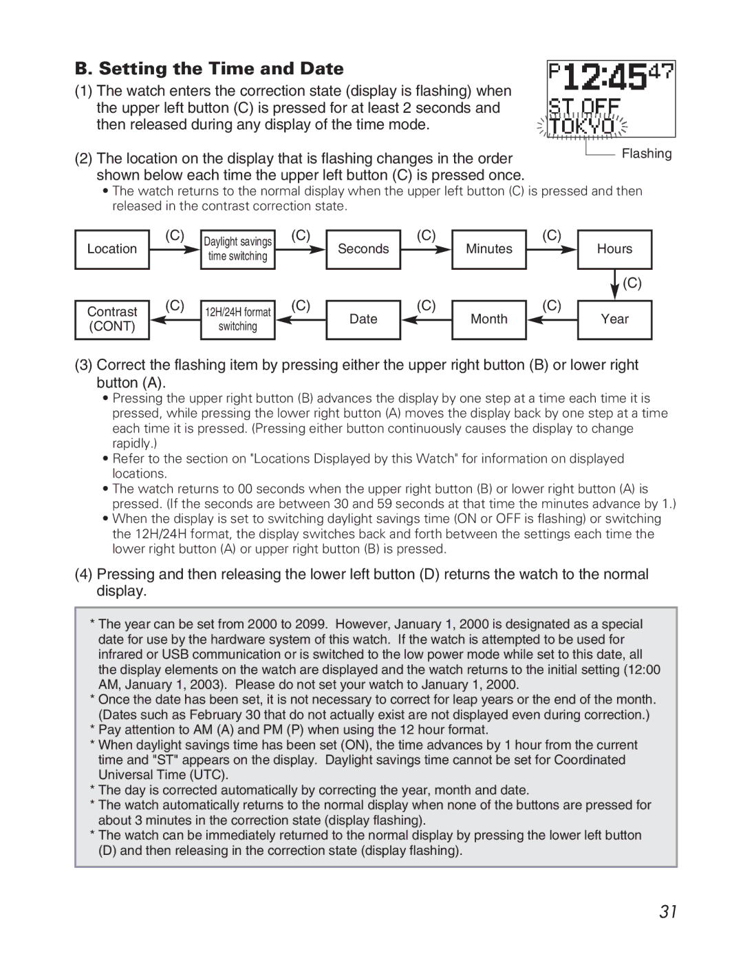 Citizen D710/D716 instruction manual Setting the Time and Date 