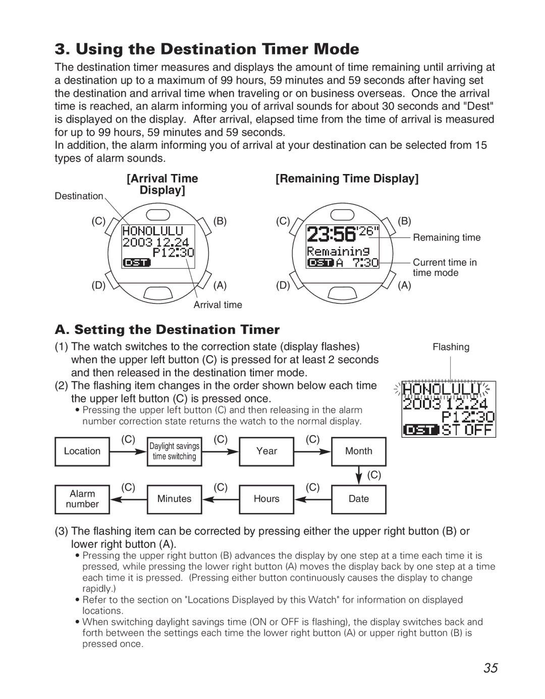 Citizen D710/D716 Using the Destination Timer Mode, Setting the Destination Timer, Arrival Time Remaining Time Display 