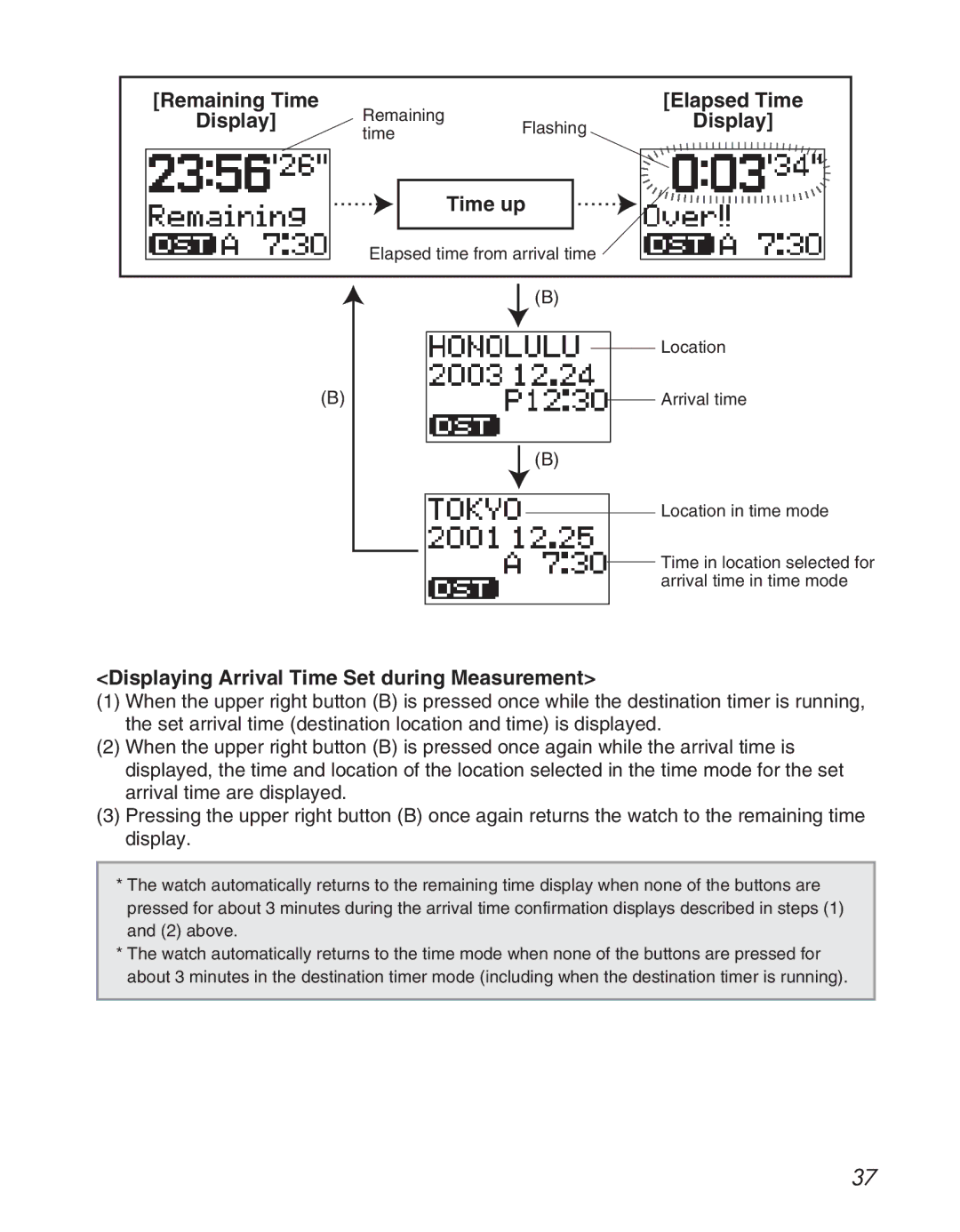 Citizen D710/D716 Remaining Time, Time up, Elapsed Time Display, Displaying Arrival Time Set during Measurement 