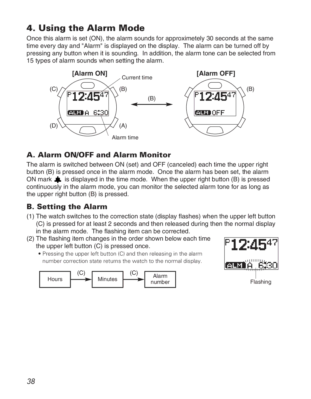 Citizen D710/D716 Using the Alarm Mode, Alarm ON/OFF and Alarm Monitor, Setting the Alarm, Alarm on Alarm OFF 