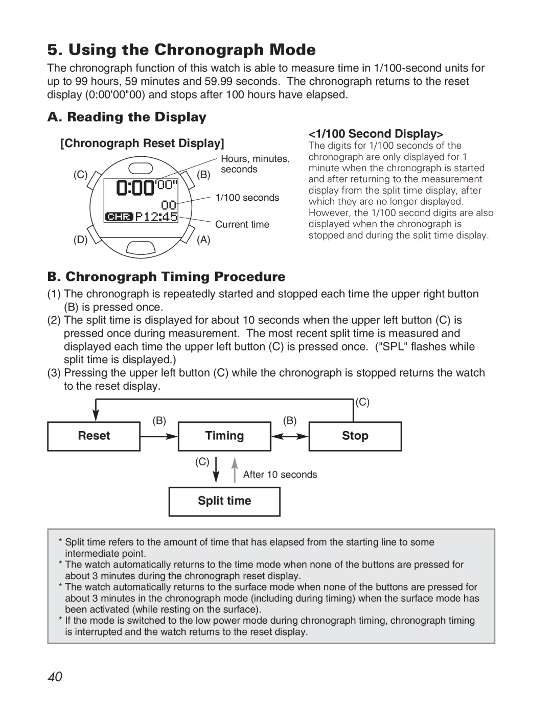 Citizen D710/D716 instruction manual Using the Chronograph Mode, Reading the Display, Chronograph Timing Procedure 