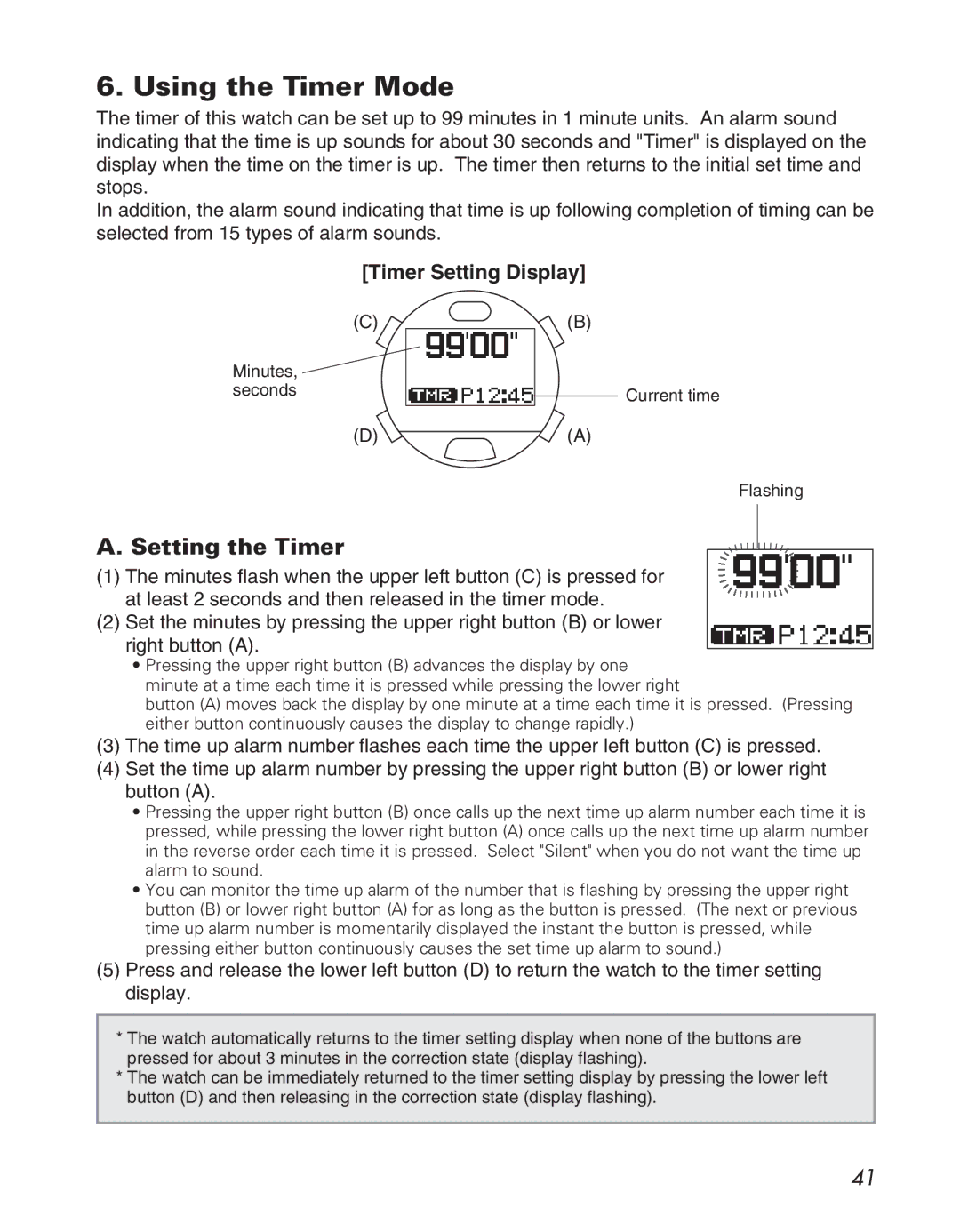 Citizen D710/D716 instruction manual Using the Timer Mode, Setting the Timer, Timer Setting Display 