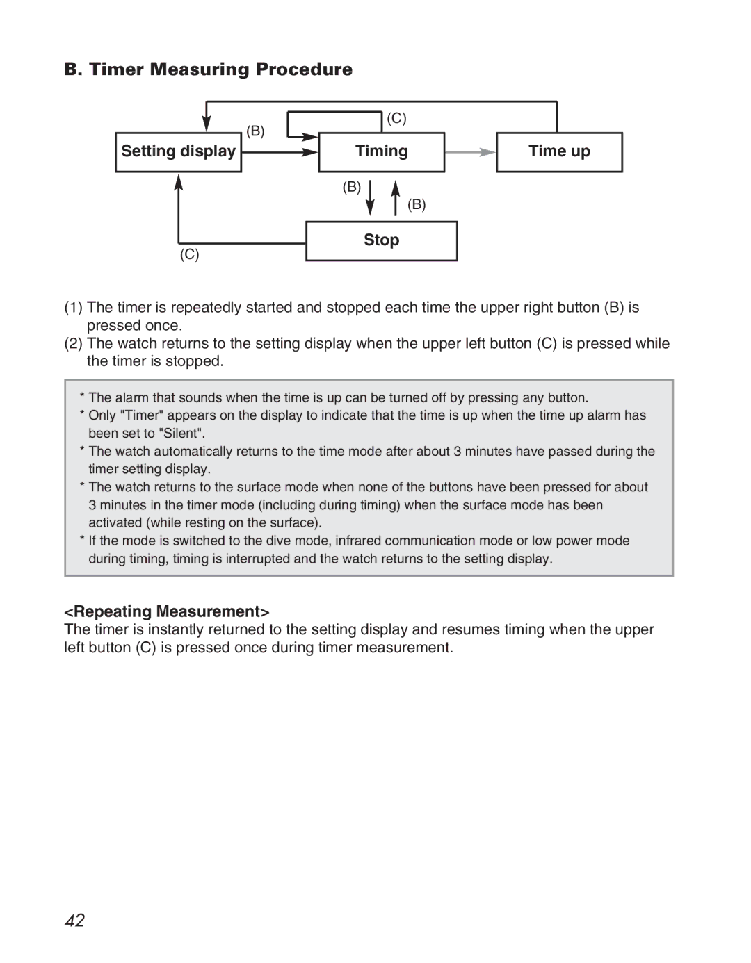 Citizen D710/D716 instruction manual Timer Measuring Procedure, Setting display Timing Stop Time up, Repeating Measurement 