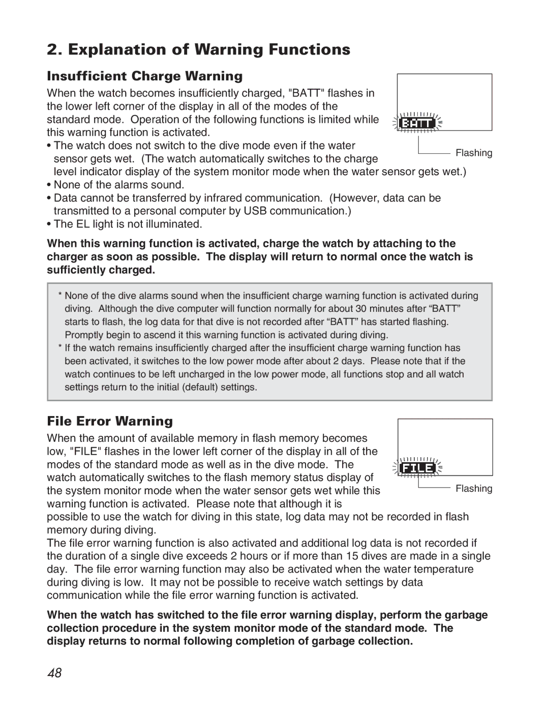 Citizen D710/D716 instruction manual Explanation of Warning Functions, Insufficient Charge Warning, File Error Warning 