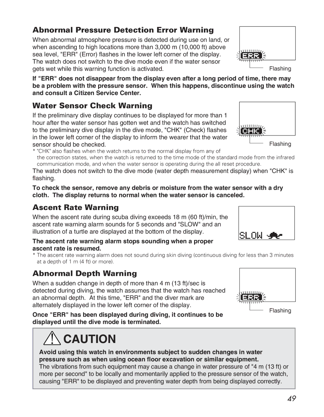 Citizen D710/D716 Abnormal Pressure Detection Error Warning, Water Sensor Check Warning, Ascent Rate Warning 