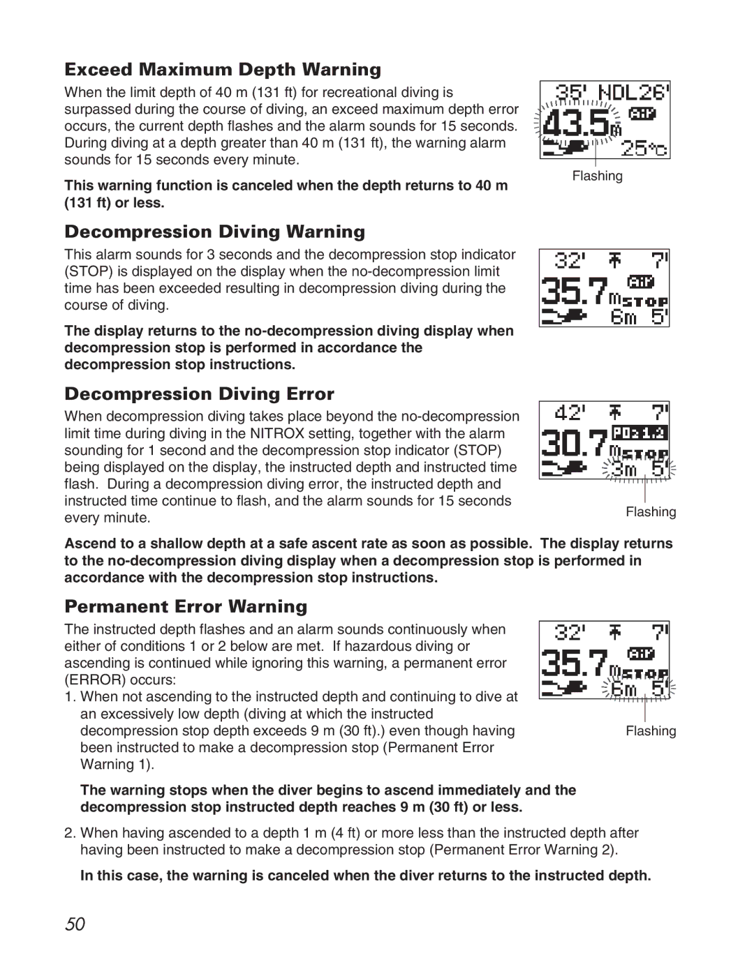 Citizen D710/D716 instruction manual Exceed Maximum Depth Warning, Decompression Diving Warning, Decompression Diving Error 