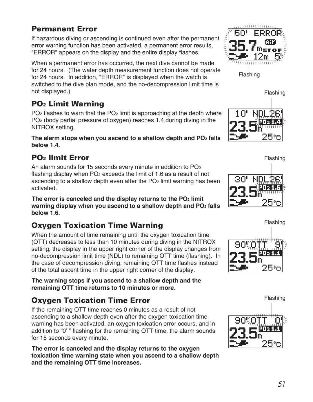 Citizen D710/D716 instruction manual Permanent Error, PO2 Limit Warning, PO2 limit Error, Oxygen Toxication Time Warning 