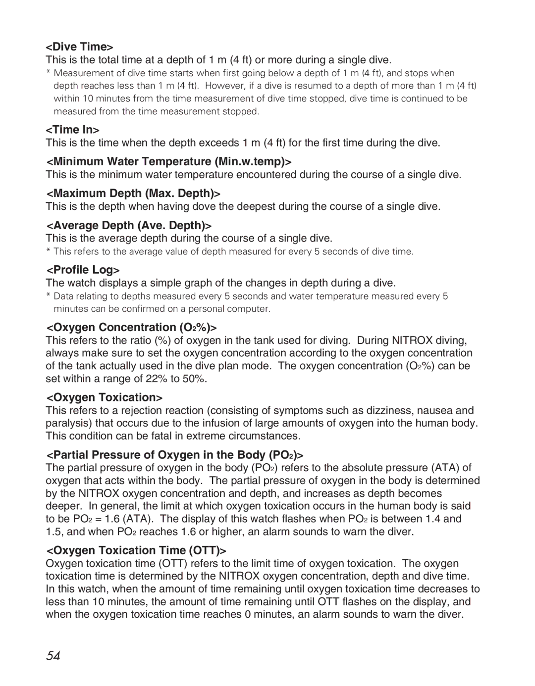 Citizen D710/D716 Dive Time, Minimum Water Temperature Min.w.temp, Maximum Depth Max. Depth, Average Depth Ave. Depth 