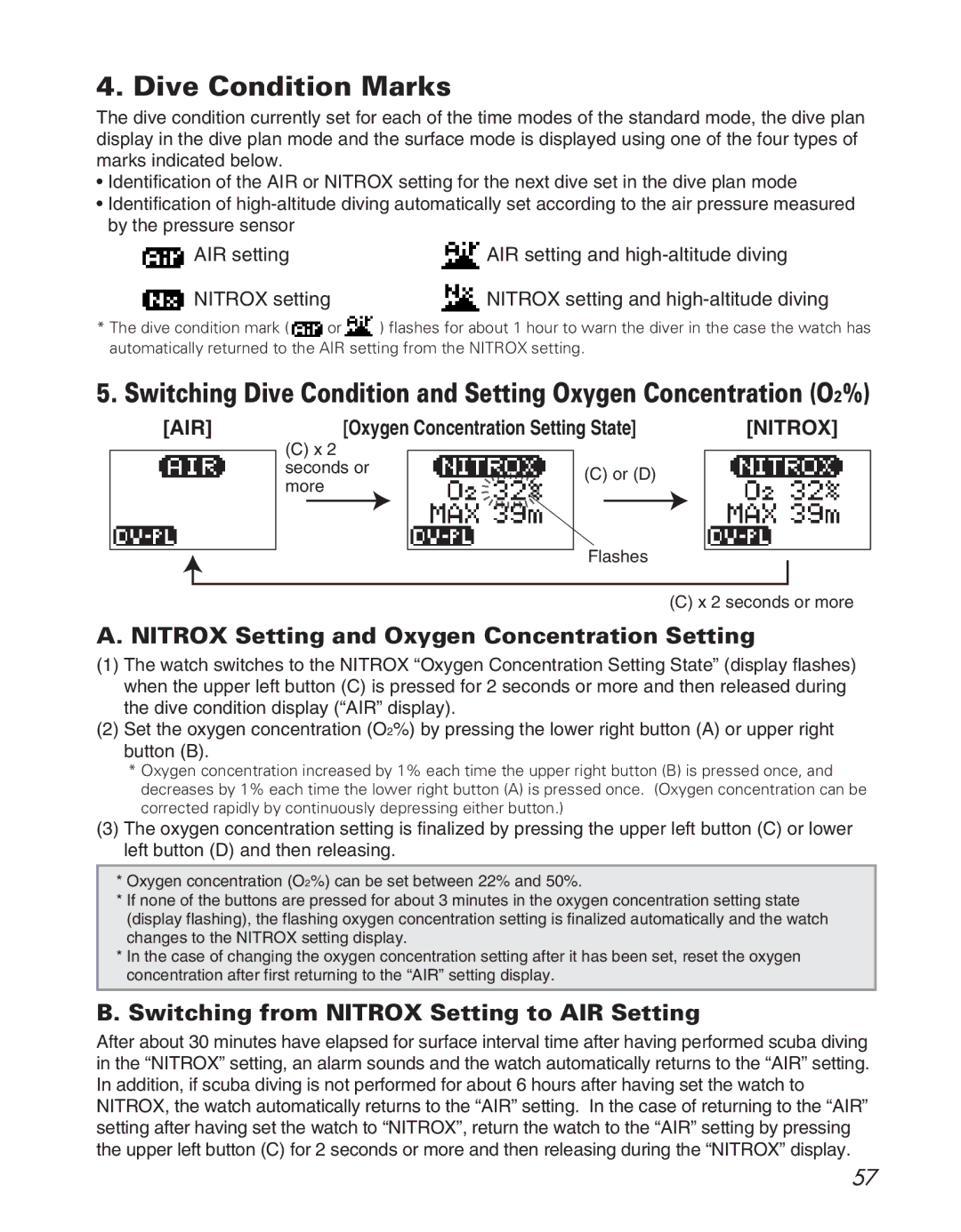 Citizen D710/D716 instruction manual Dive Condition Marks, Nitrox Setting and Oxygen Concentration Setting 