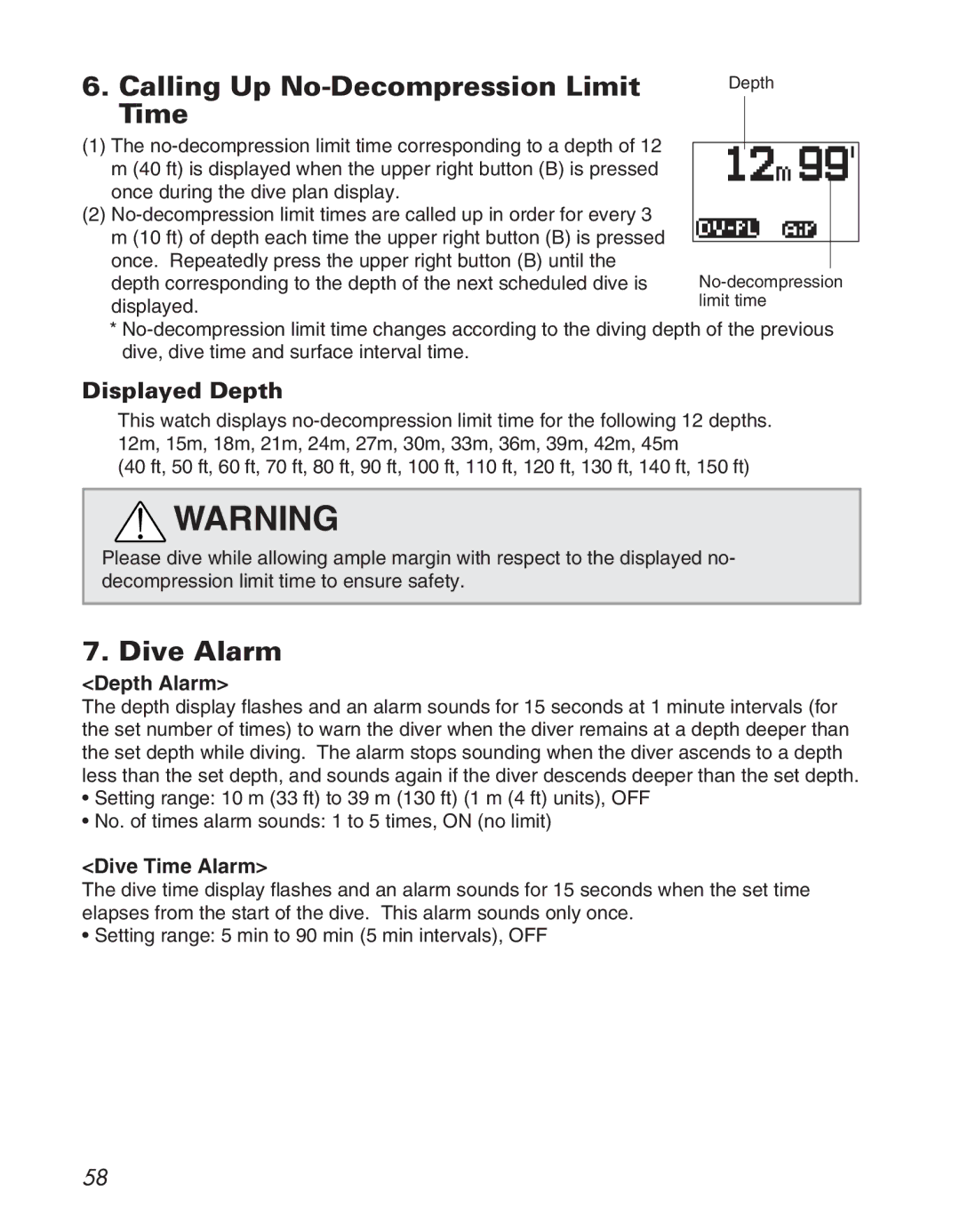 Citizen D710/D716 Calling Up No-Decompression Limit Time, Dive Alarm, Displayed Depth, Depth Alarm, Dive Time Alarm 