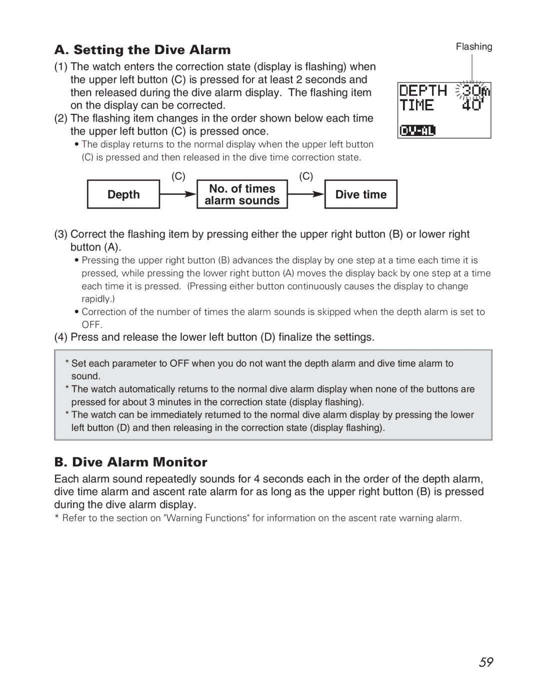 Citizen D710/D716 instruction manual Setting the Dive Alarm, Dive Alarm Monitor, Depth No. of times Alarm sounds Dive time 