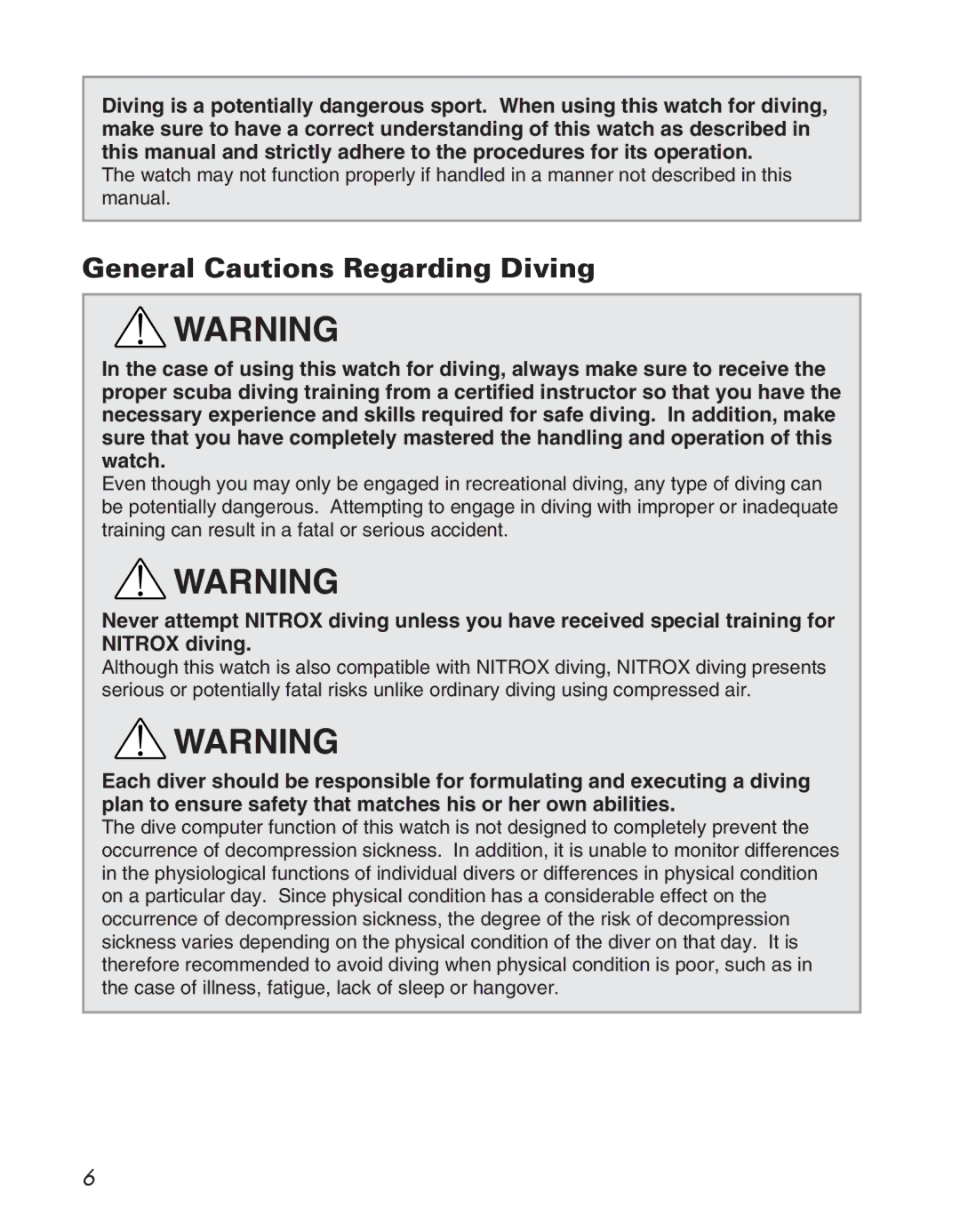 Citizen D710/D716 instruction manual General Cautions Regarding Diving 