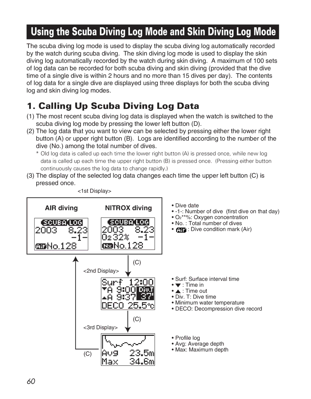 Citizen D710/D716 instruction manual Calling Up Scuba Diving Log Data, AIR diving Nitrox diving 