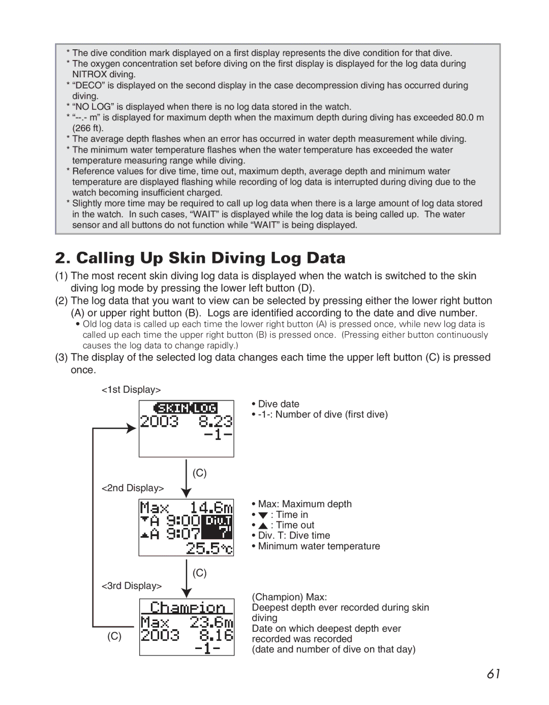 Citizen D710/D716 instruction manual Calling Up Skin Diving Log Data 