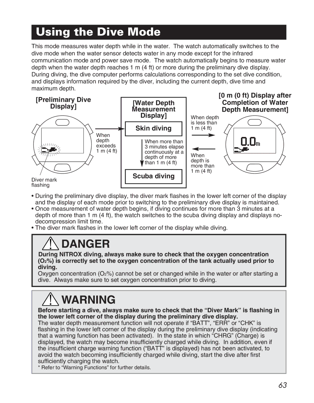 Citizen D710/D716 instruction manual Using the Dive Mode, Water Depth Measurement Display Skin diving 