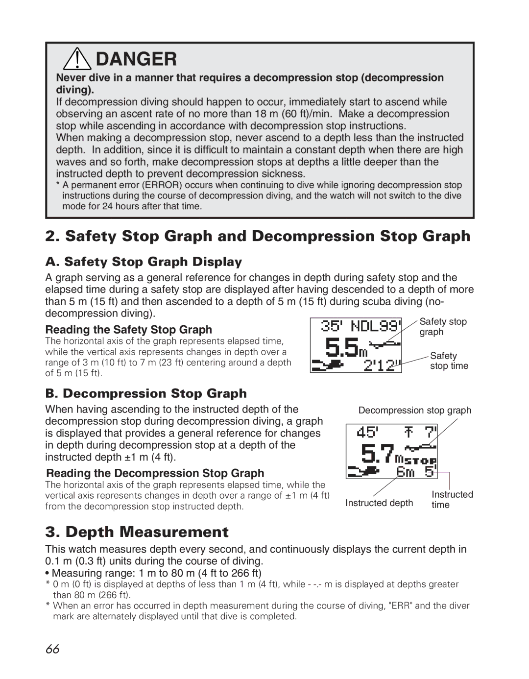 Citizen D710/D716 Safety Stop Graph and Decompression Stop Graph, Depth Measurement, Safety Stop Graph Display 