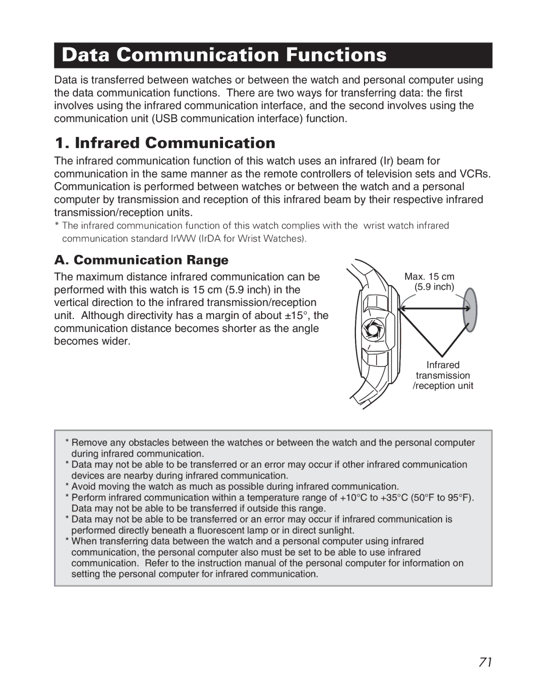 Citizen D710/D716 instruction manual Data Communication Functions, Infrared Communication, Communication Range 