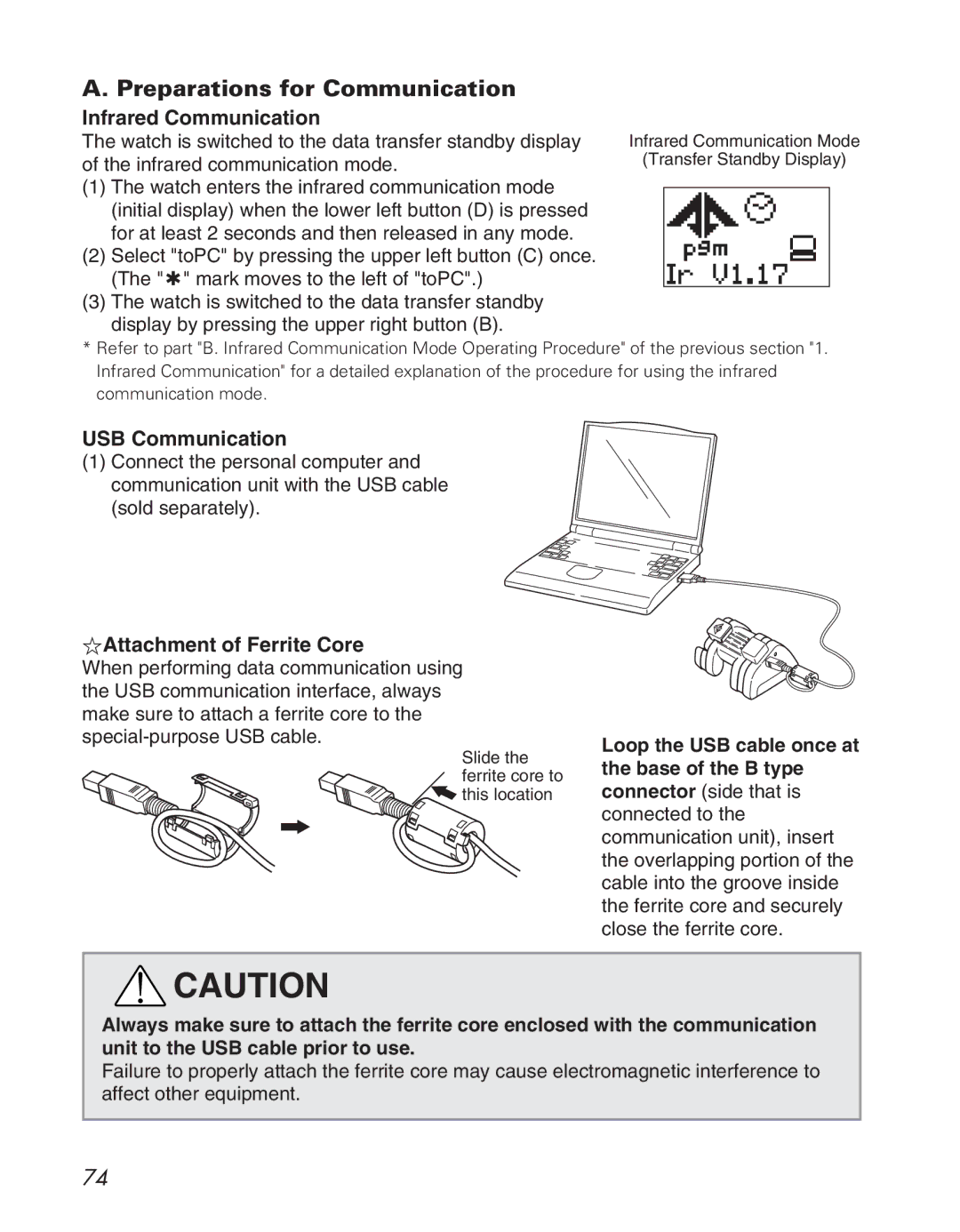 Citizen D710/D716 instruction manual Preparations for Communication, USB Communication, VAttachment of Ferrite Core 