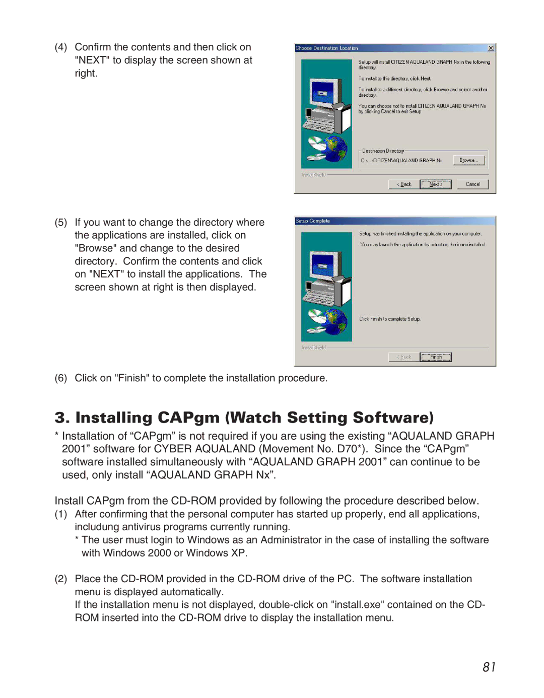 Citizen D710/D716 instruction manual Installing CAPgm Watch Setting Software 