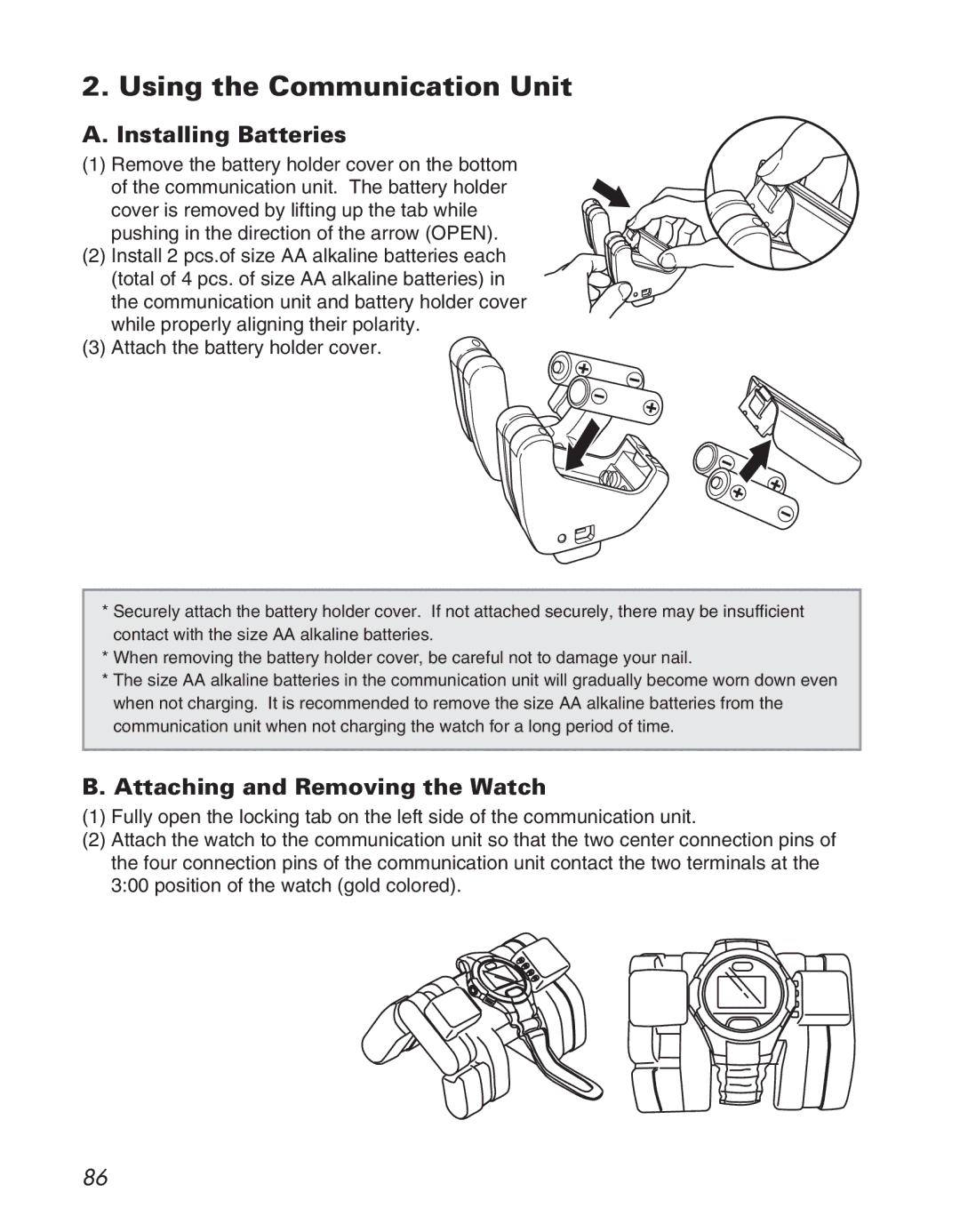 Citizen D710/D716 instruction manual Using the Communication Unit, Installing Batteries, Attaching and Removing the Watch 