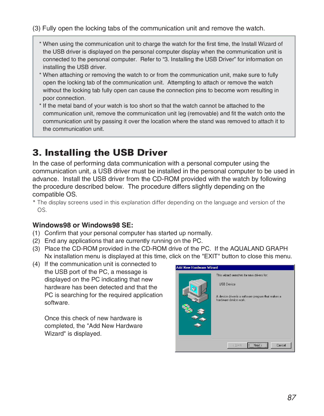 Citizen D710/D716 instruction manual Installing the USB Driver, Windows98 or Windows98 SE 