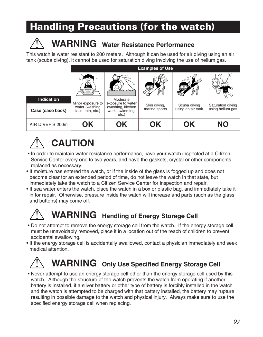 Citizen D710/D716 instruction manual Handling Precautions for the watch, Examples of Use Indication 