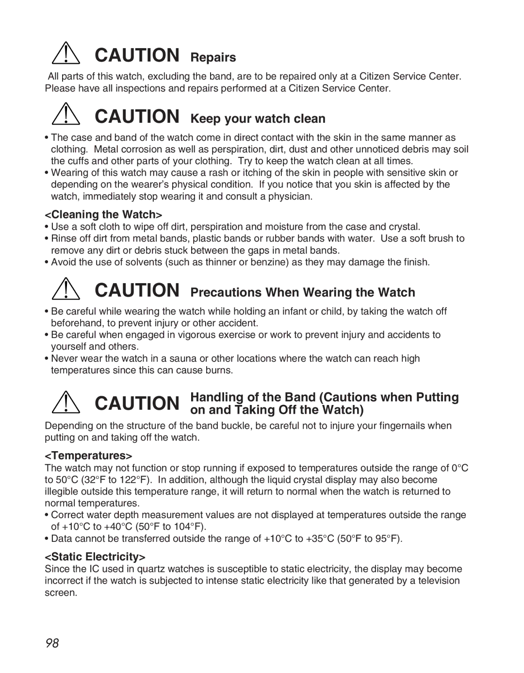 Citizen D710/D716 instruction manual Cleaning the Watch, Temperatures, Static Electricity 