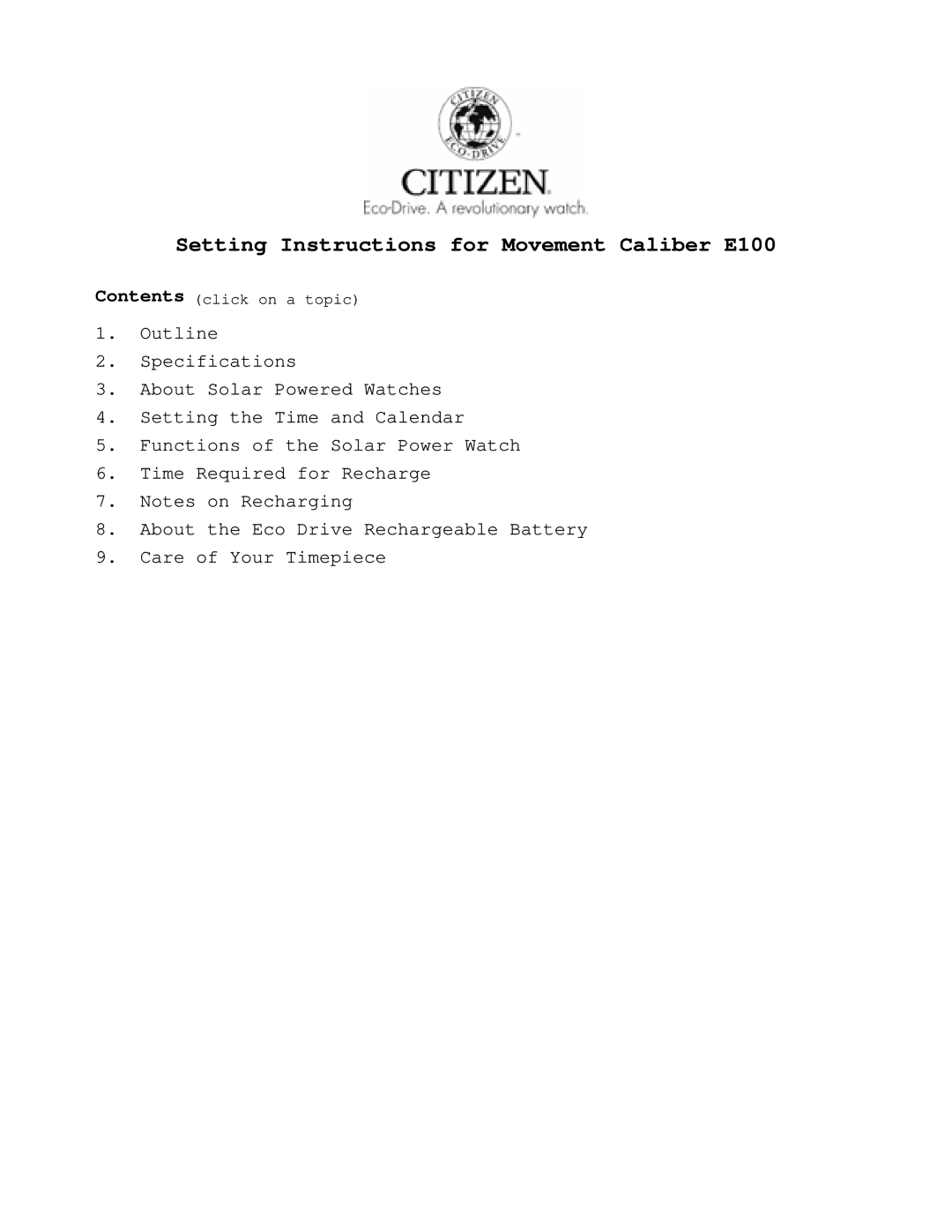 Citizen specifications Setting Instructions for Movement Caliber E100 