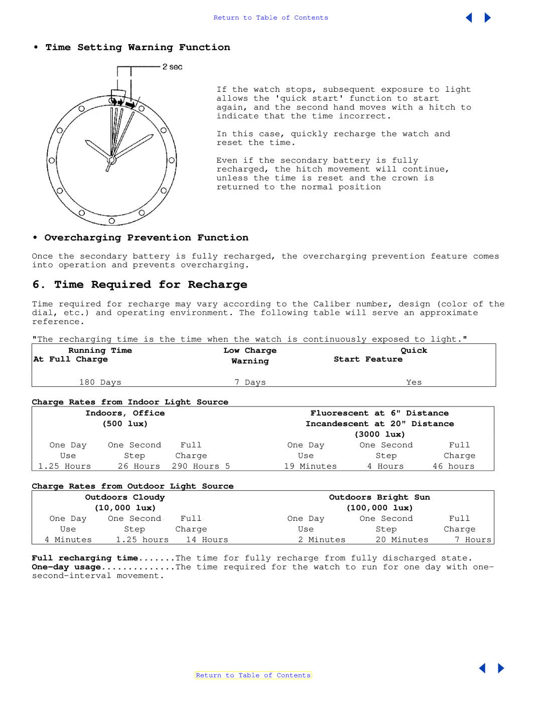 Citizen E100 specifications Time Required for Recharge, Time Setting Warning Function, Overcharging Prevention Function 