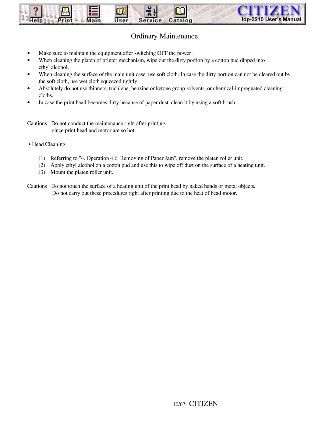 Citizen iDP-3210, Line Thermal Printer user manual Ordinary Maintenance, 10/67 Citizen 