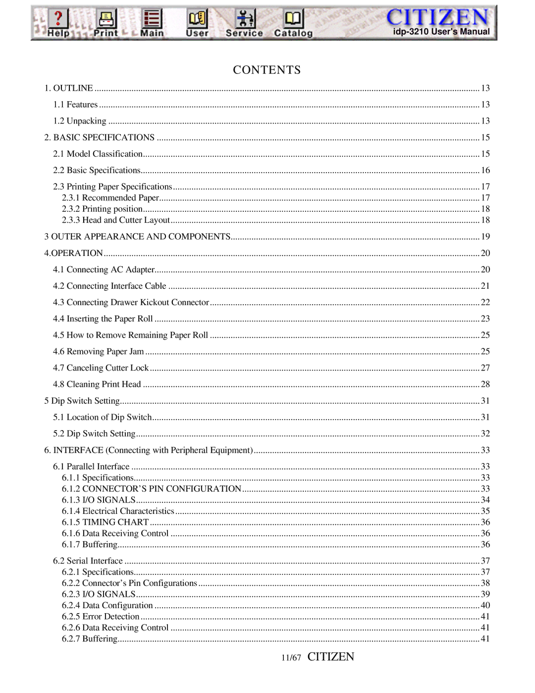 Citizen Line Thermal Printer, iDP-3210 user manual Contents, 11/67 Citizen 