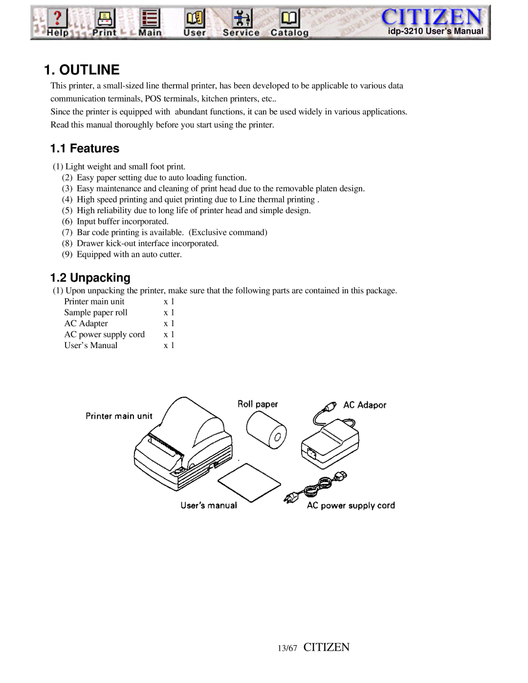 Citizen Line Thermal Printer, iDP-3210 user manual Features, Unpacking, 13/67 Citizen 