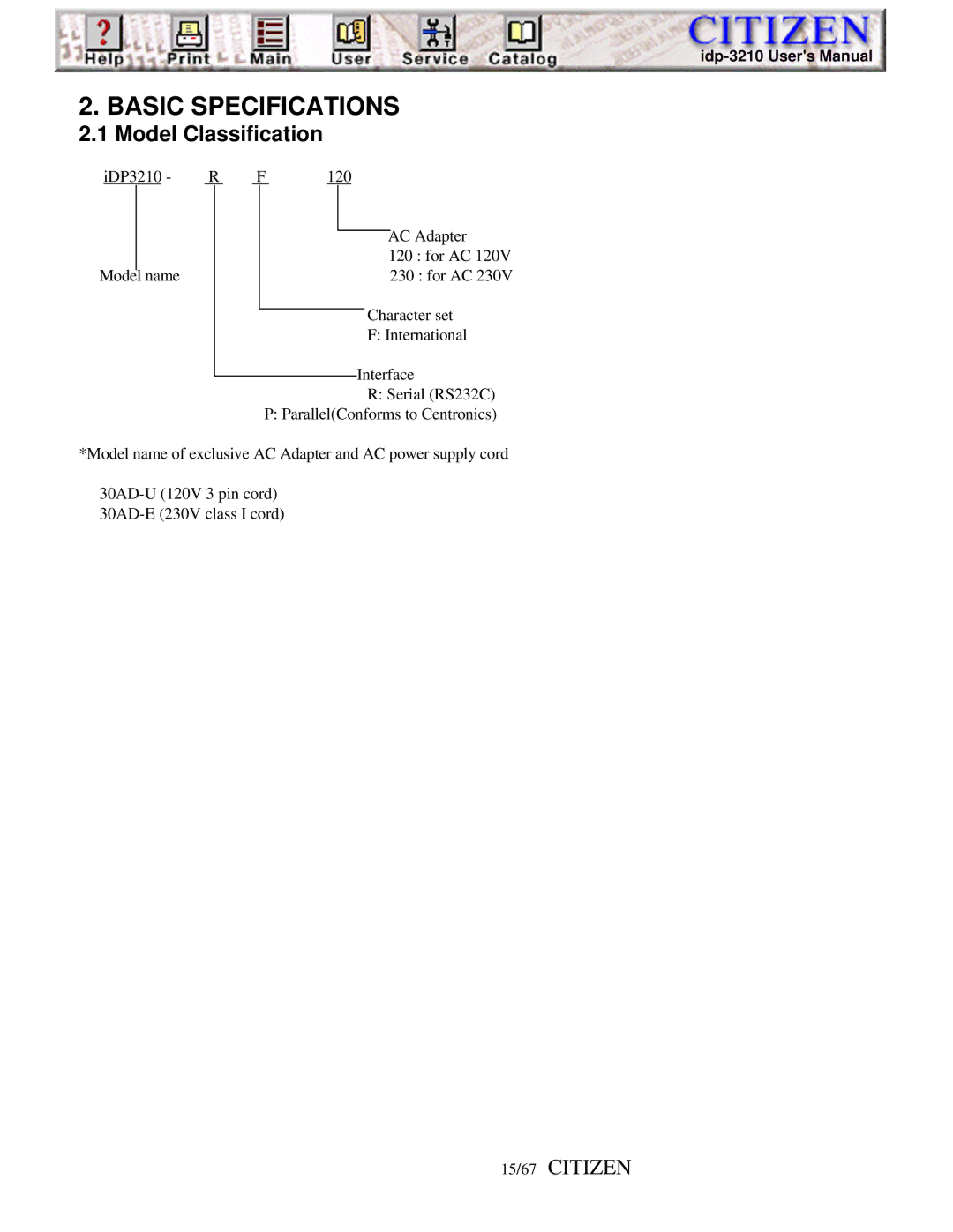 Citizen Line Thermal Printer, iDP-3210 user manual Model Classification, 15/67 Citizen 