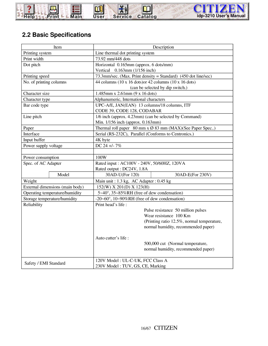 Citizen iDP-3210, Line Thermal Printer user manual Basic Specifications, 16/67 Citizen, Code 39, Code 128, Codabar 