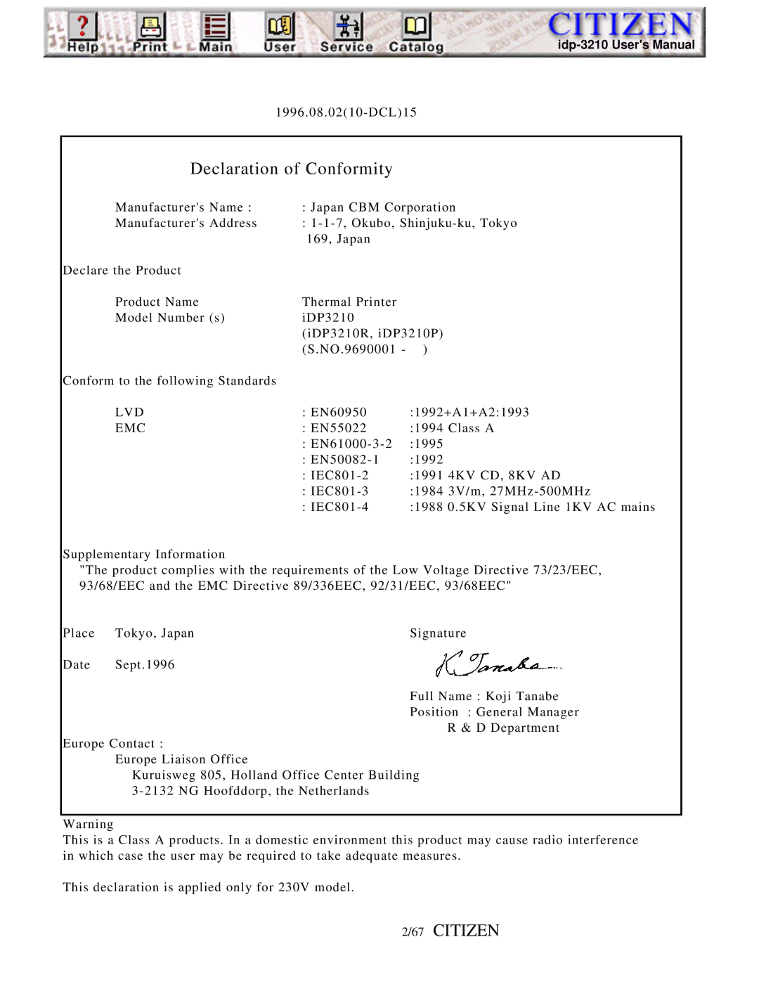 Citizen iDP-3210, Line Thermal Printer user manual Citizen, Lvd, Emc 