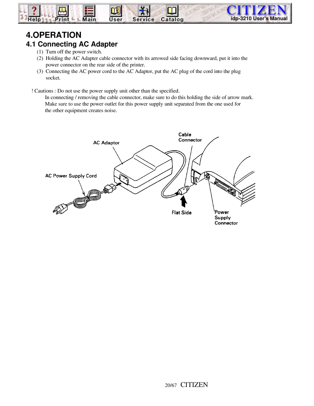 Citizen iDP-3210, Line Thermal Printer user manual Connecting AC Adapter, 20/67 Citizen 