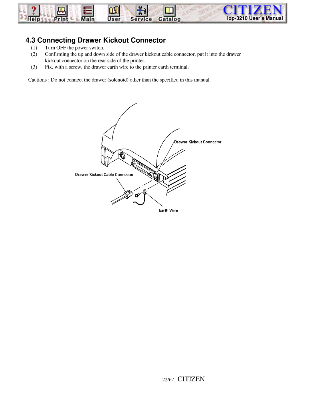 Citizen iDP-3210, Line Thermal Printer user manual Connecting Drawer Kickout Connector, 22/67 Citizen 