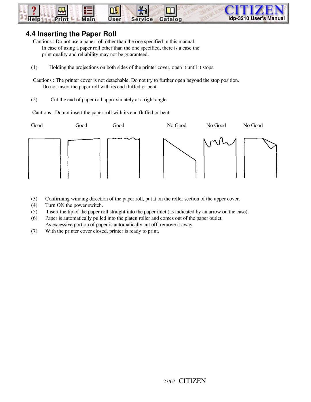 Citizen Line Thermal Printer, iDP-3210 user manual Inserting the Paper Roll, 23/67 Citizen 